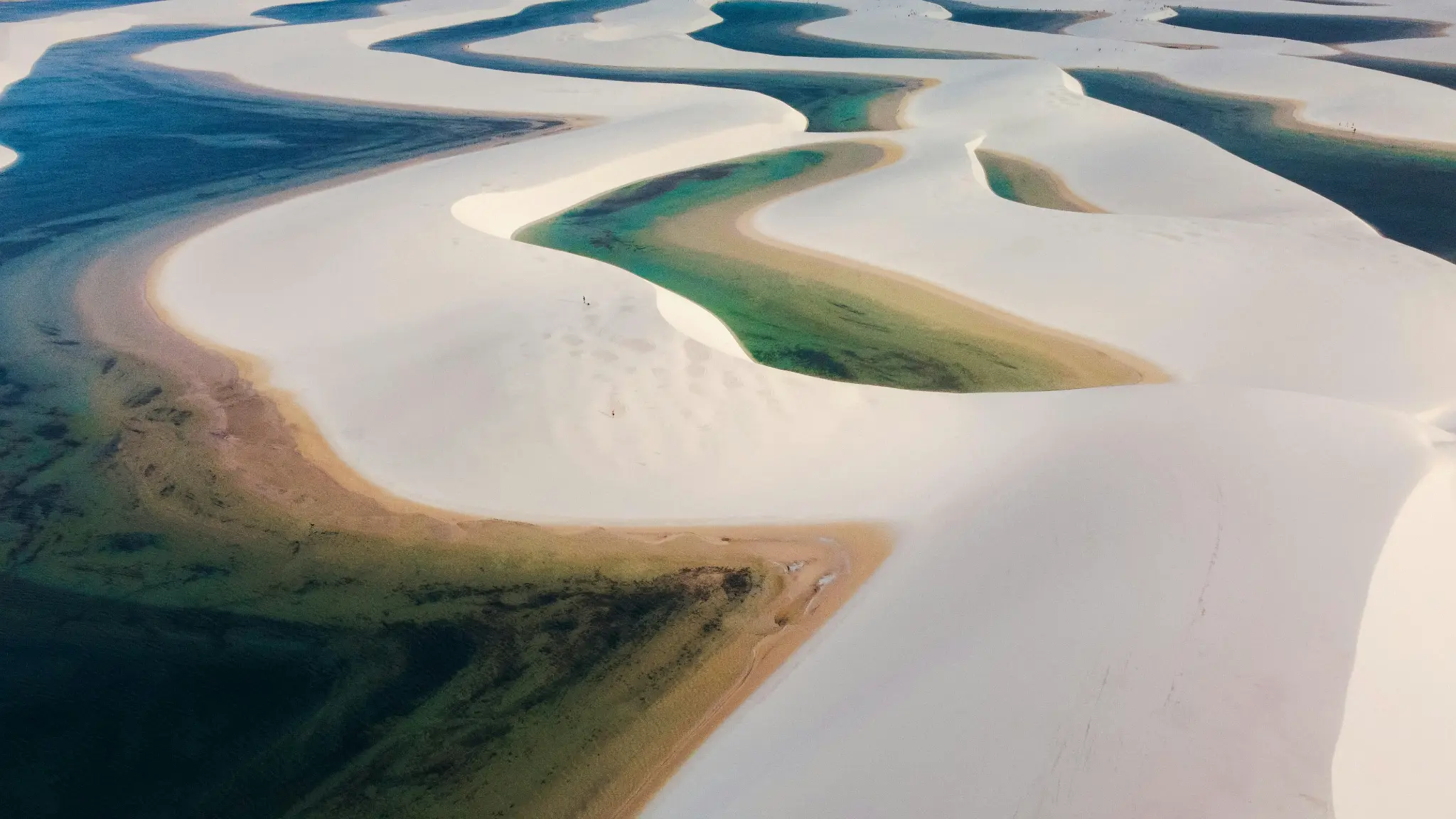 Aerial view of white dunes and lagoons in Lençóis Maranhenses